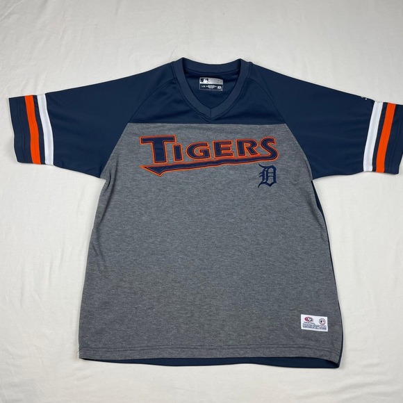 Detroit Tigers MLB True Fan Jersey Mens Large Navy Gray Colorblock V-Neck Shirt - Picture 2 of 7